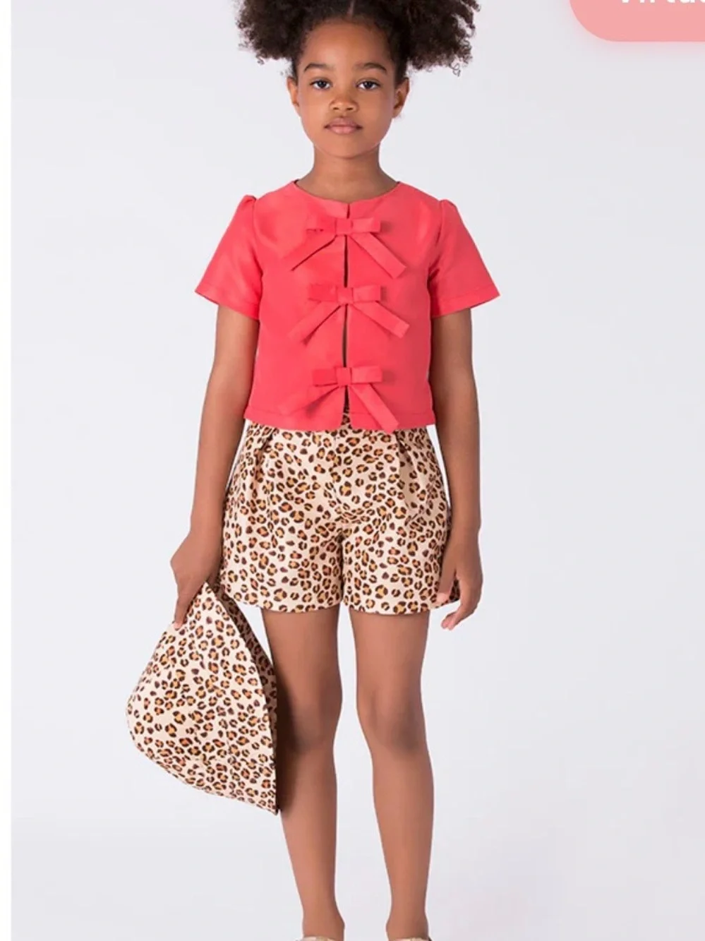 Girls Coral Bow-Front Top & Leopard Print Shorts Set